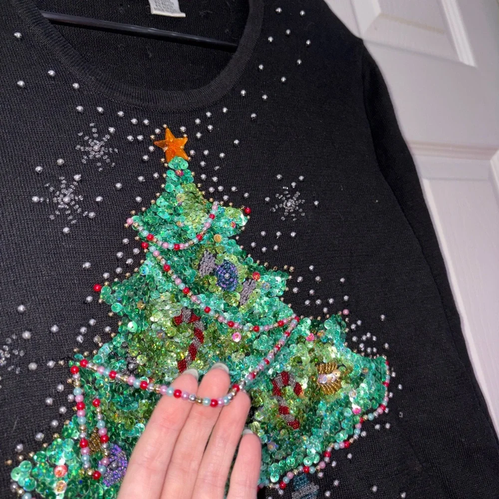 Black long sleeve blingy Christmas tree top with rhinestones and beads - Picture 2 of 8
